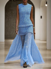 Blue Rhinestone Tassel Tweed Crew Neck Sleeveless A-Line Maxi Dress