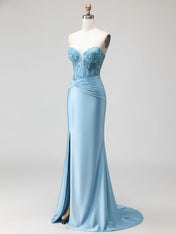 Blue Strapless Plunging V-Neck Beaded Corset Prom Dress with Slit