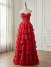 Red Chiffon A-Line Strapless Empire Tiered Long Prom Dress With Slit