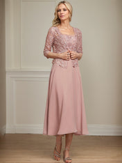 A-line Square Tea-Length Chiffon Lace Mother of the Bride Dress With Sequins Beading