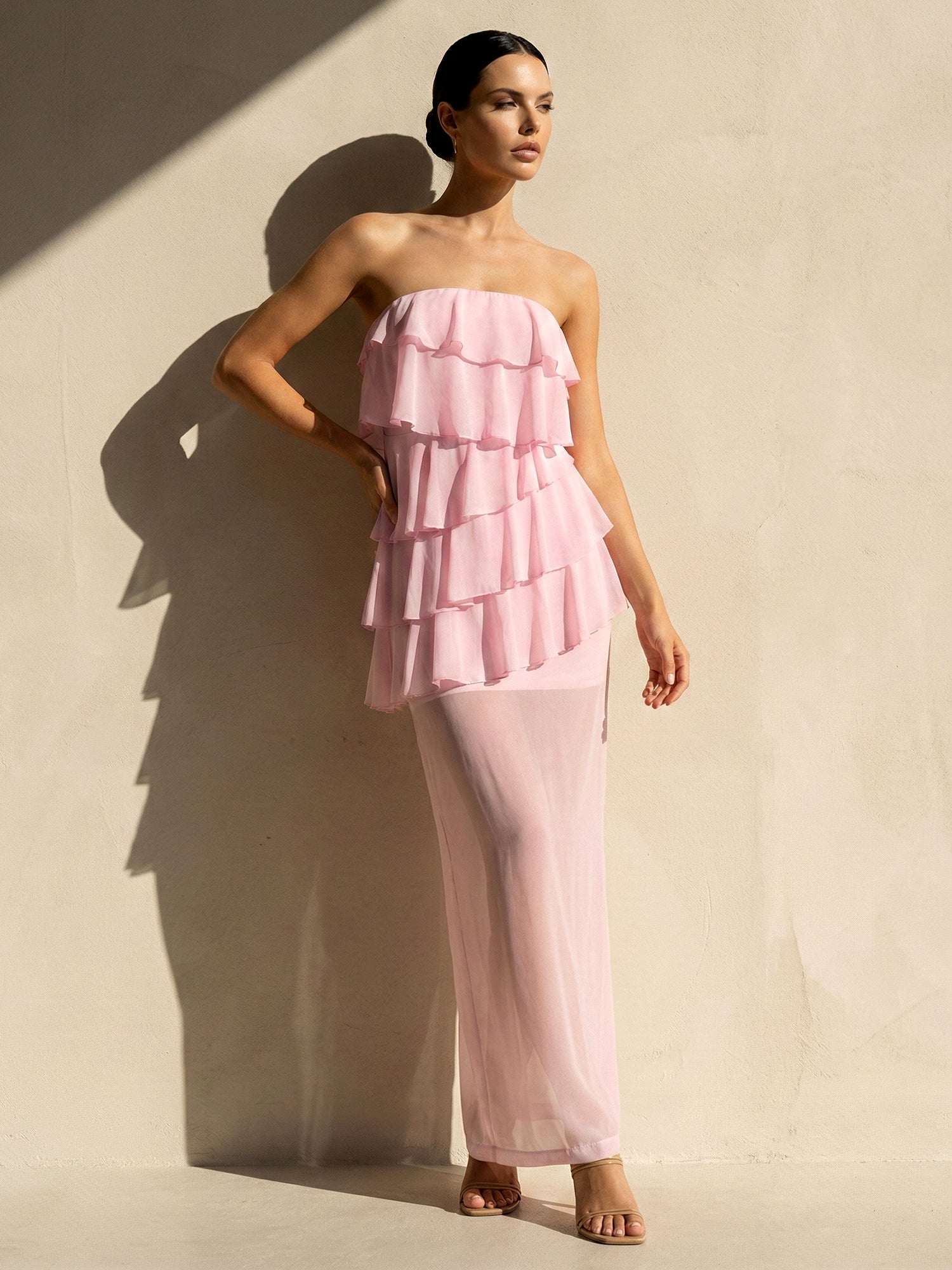Pink Strapless Tiered Maxi Dresses for Women A Line Evening Dress