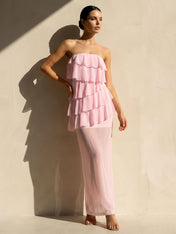 Pink Strapless Tiered Maxi Dresses for Women A Line Evening Dress