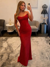 Strapless Draped Glitter Sequin Column Prom Dress