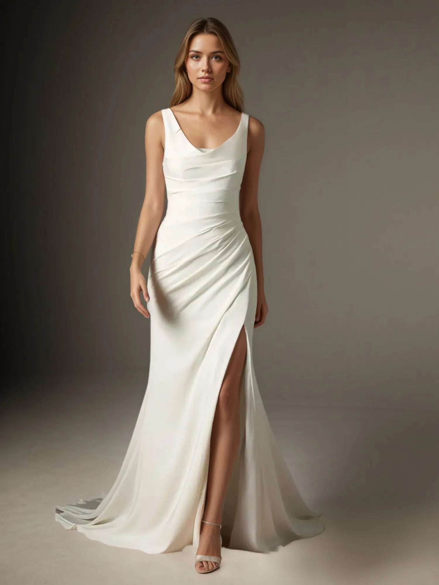 White Mermaid Scoop Pleated Crepe Back Satin Wedding Dress