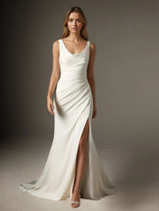 White Mermaid Scoop Pleated Crepe Back Satin Wedding Dress