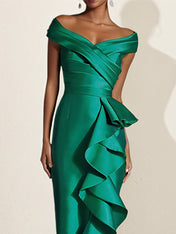 Green Satin Off The Shoulder Short Sleeve Asymmetrical Length Dress With Ruffles