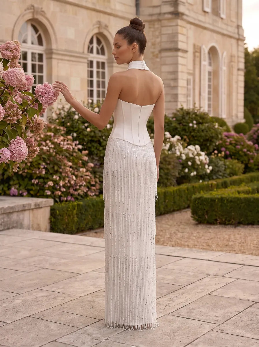 Sweetheart Choker Corset Beaded Fringe Column Wedding Dress with Tulle Over-Train