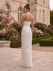 Sweetheart Choker Corset Beaded Fringe Column Wedding Dress with Tulle Over-Train