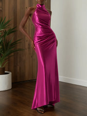 Rose Red Halter Neck Ruched Satin Mock Neck Sleeveless Sheath Gown Dress
