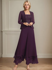 Separates Jumpsuit/Pantsuit Square Ankle-Length Lace Chiffon Mother of the Bride Dress With Sequins