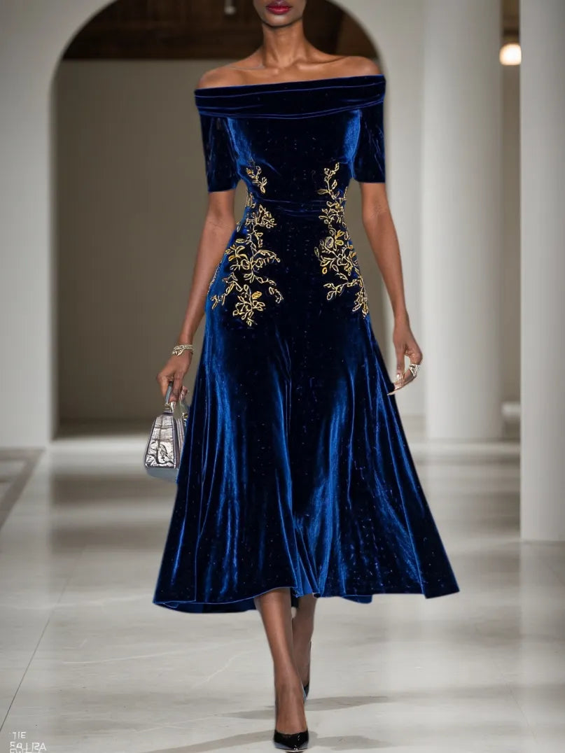 Deep Blue Applique Gathered Velvet Off The Shoulder Short Sleeve A-Line Midi Dress