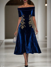 Deep Blue Applique Gathered Velvet Off The Shoulder Short Sleeve A-Line Midi Dress