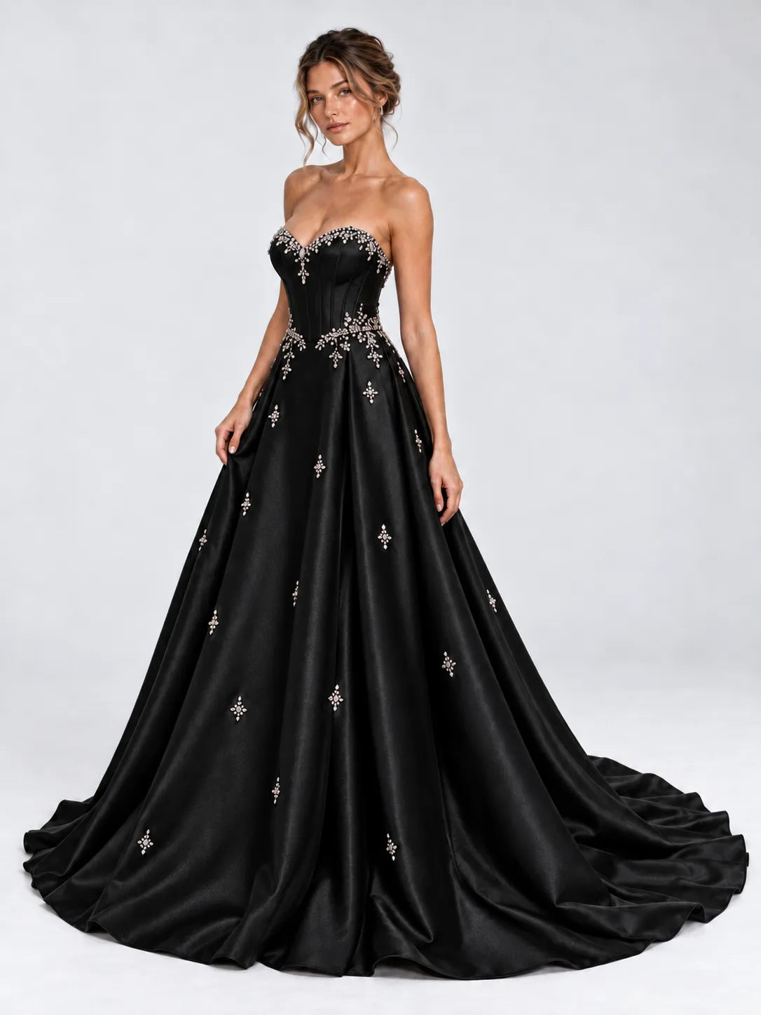 Strapless Crystal-Embellished Satin Ball Gown Wedding Dress