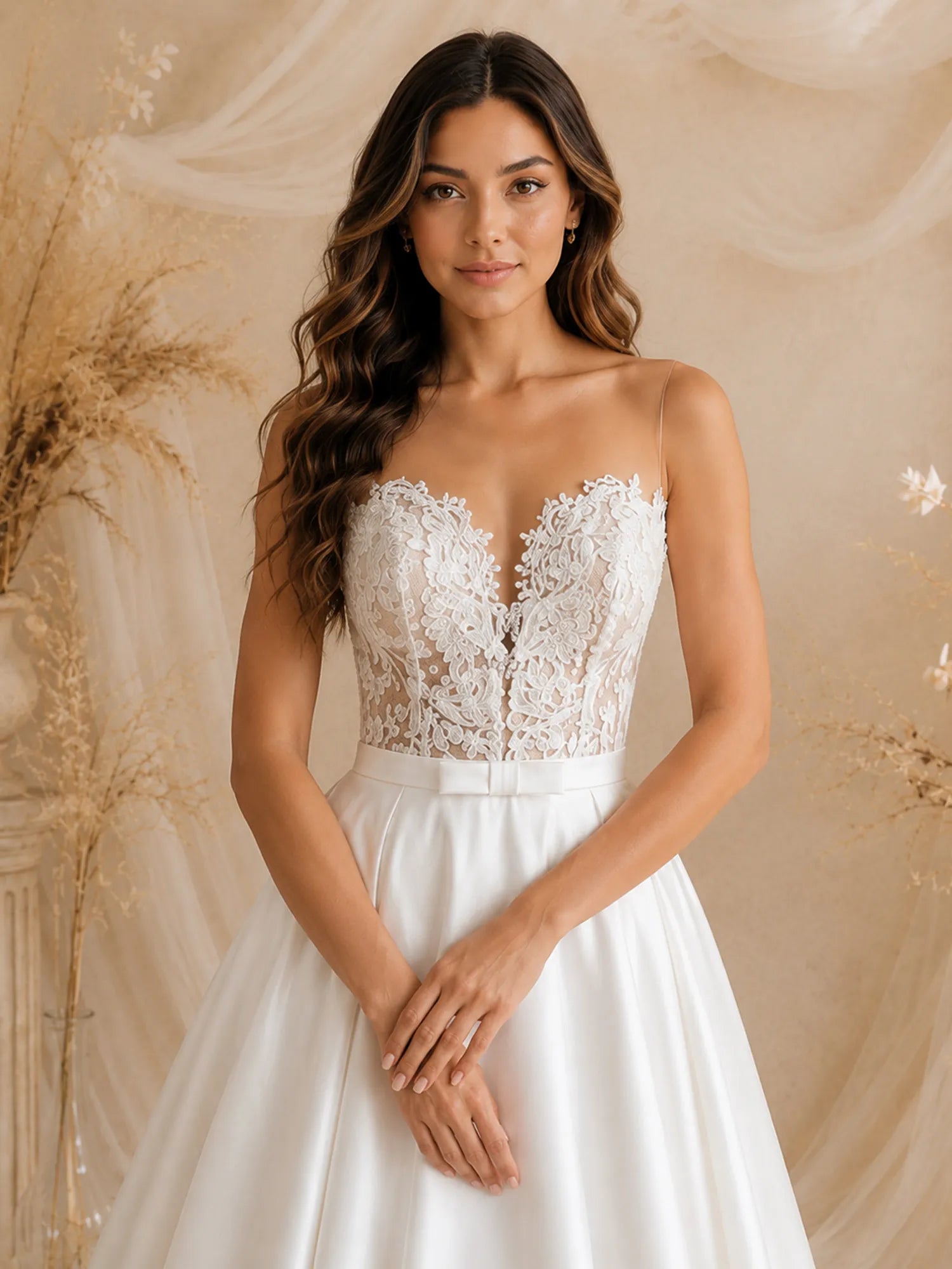 Sweetheart Illusion Lace Bodice Satin A-Line Wedding Dress with Chapel Train