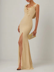 Apricot Ruffled Prom Dress Lotus Leaf Collar Sleeveless Mermaid Maxi Bridesmaid Dress