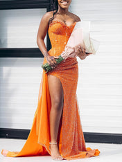 Glitter Orange Strapless Mermaid Sequined Long Prom Dress with Slit