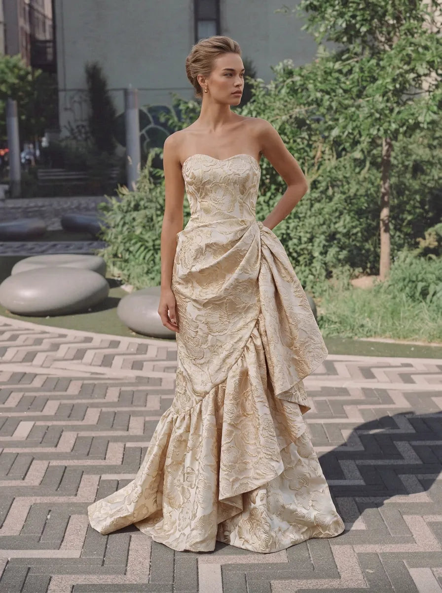 Strapless Sweetheart Gold Floral Brocade Mermaid Evening Dress