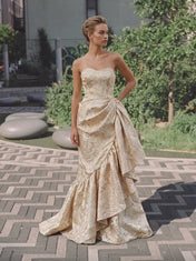 Strapless Sweetheart Gold Floral Brocade Mermaid Evening Dress