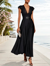 Black Lace Satin V Neck Short Sleeve A-Line Midi Dress
