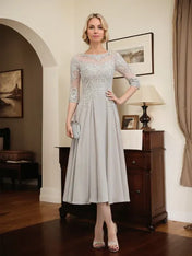 A-line Scoop Illusion Tea-Length Chiffon Lace Mother of the Bride Dress With Beading Sequins