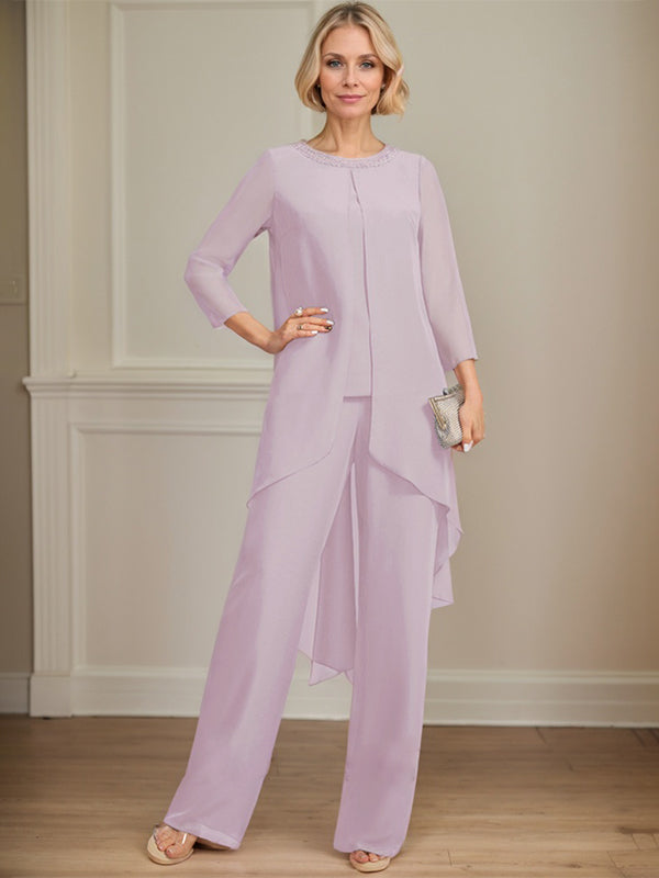 Separates Jumpsuit/Pantsuit Scoop Floor-Length Chiffon Mother of the Bride Dress With Sequins Beading