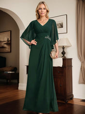 Sheath/Column V-Neck Floor-Length Chiffon Mother of the Bride Dress With Pleated Sequins Beading