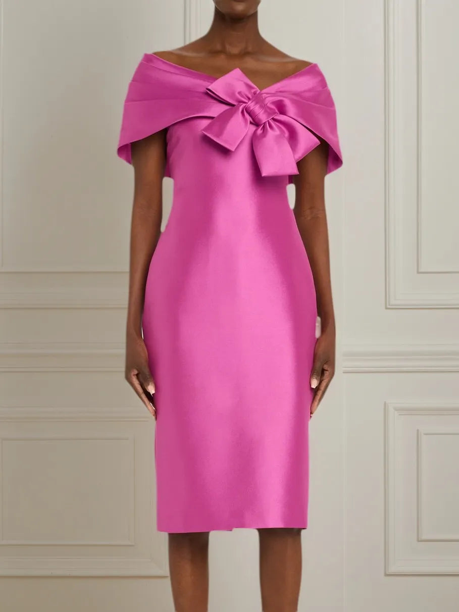 Rose Red Bow Satin Off The Shoulder Sheath Midi Dress