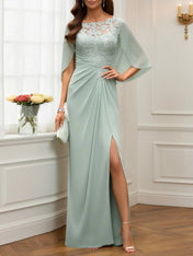 Mother of the Bride Dress Green Lace Crew Neck Cape Maxi Dress