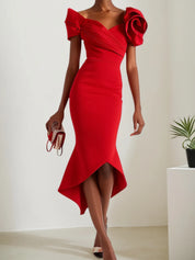 Red 3D Floral Off The Shoulder Mermaid Midi Dress