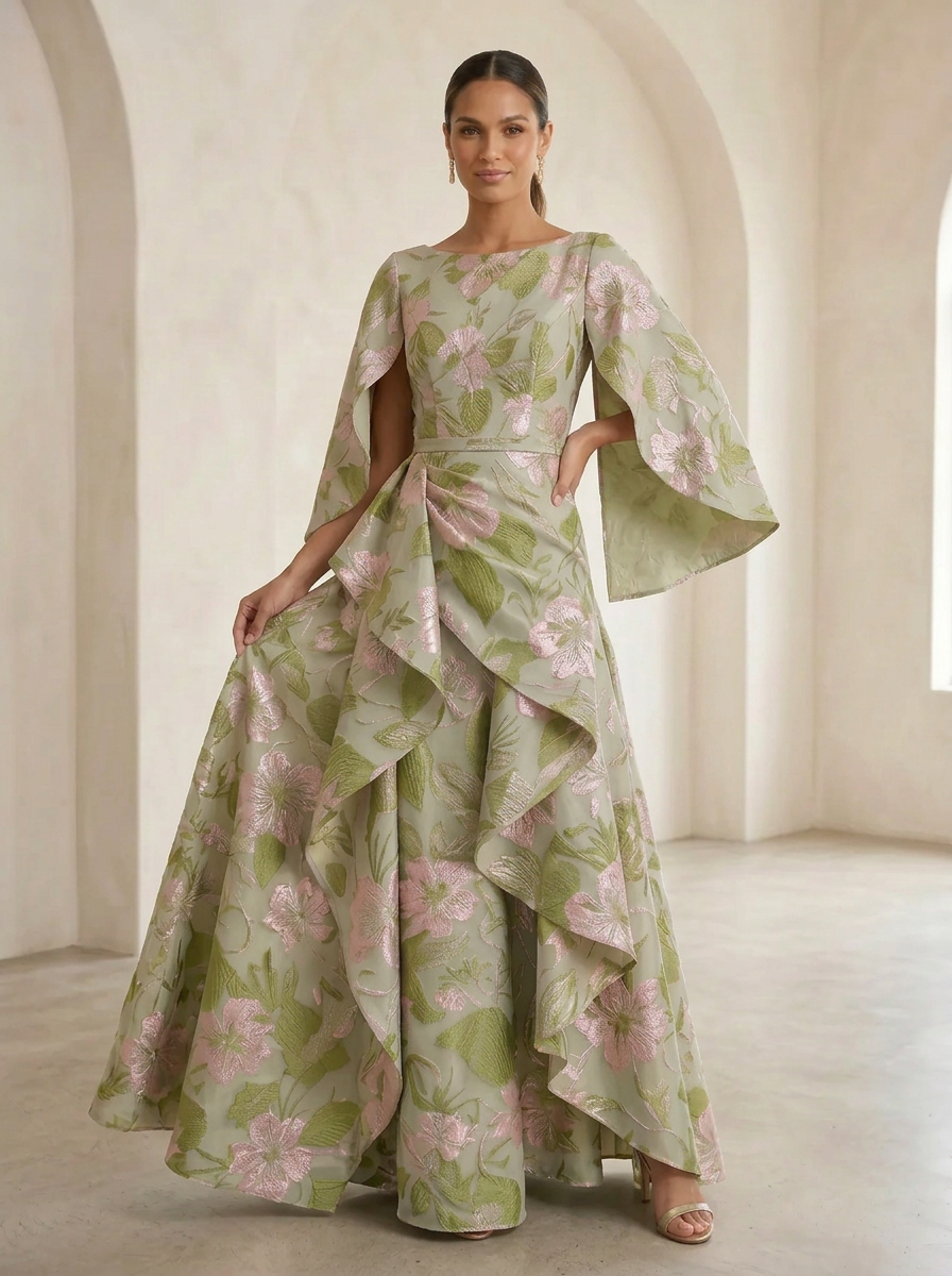 Boat-Neck Jacquard Asymmetric Ruffle Long Mother Of The Bride Dresses with Cape Sleeves