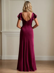 A Line V Neck Short Sleeve Velvet Mother of the Bride Dress With Ruffles