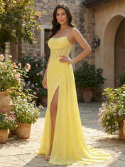 Sunlit Radiance Yellow Corset Chiffon Prom Gown with Slit