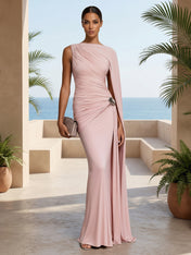 Pink One Shoulder Mermaid Pleat Maxi Dress with Ruffle