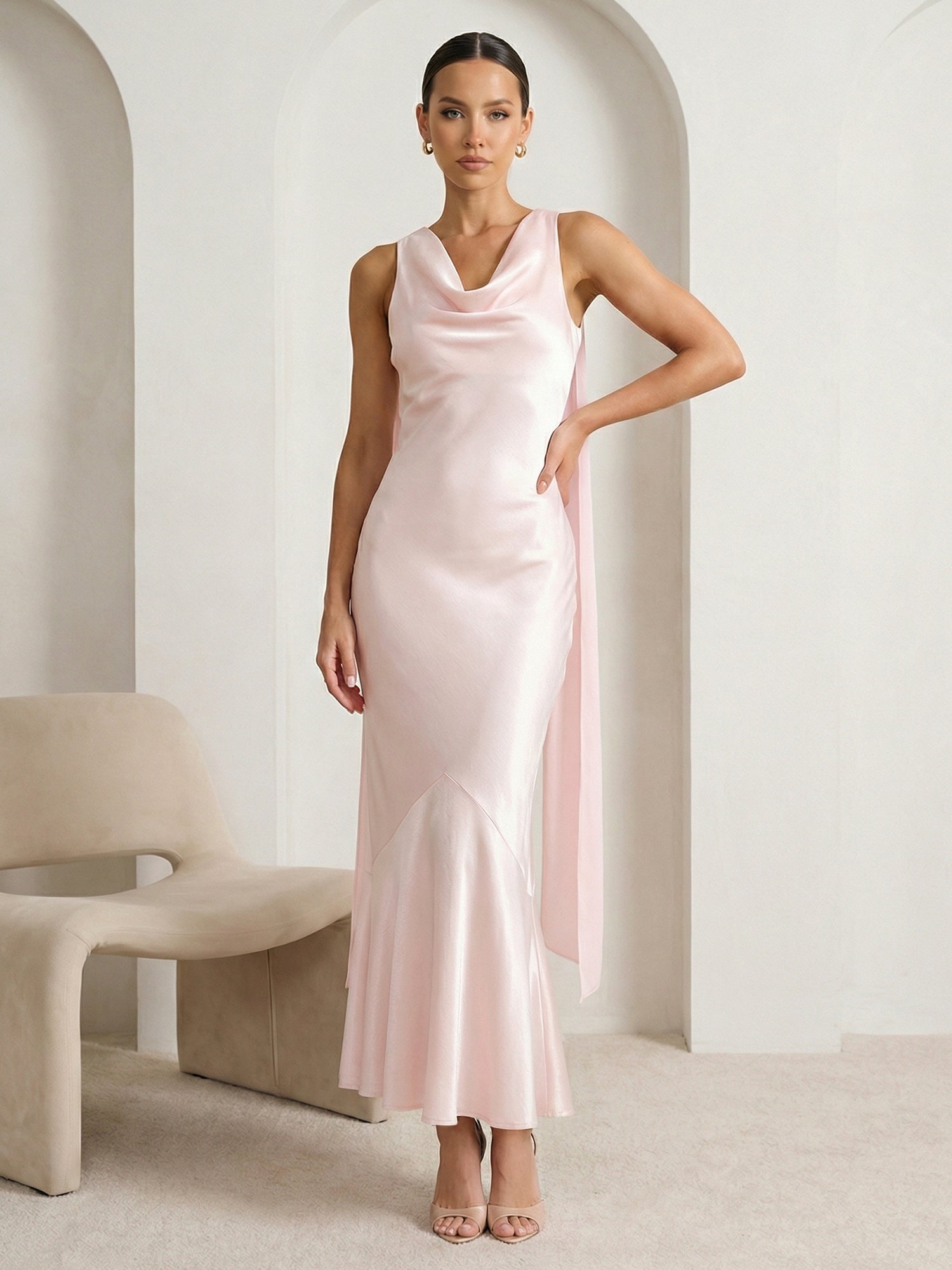 Pink V Neck Satin Mermaid Maxi Dress with Ruffle