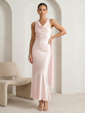 Pink V Neck Satin Mermaid Maxi Dress with Ruffle