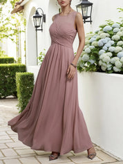 Pink Ruched Chiffon Crew Neck Sleeveless A-Line Maxi Bridesmaid Dress