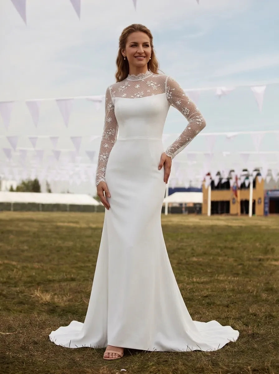 High-Neck Illusion Long-Sleeve Lace and Satin Wedding Dress