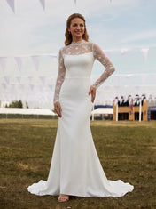 High-Neck Illusion Long-Sleeve Lace and Satin Wedding Dress
