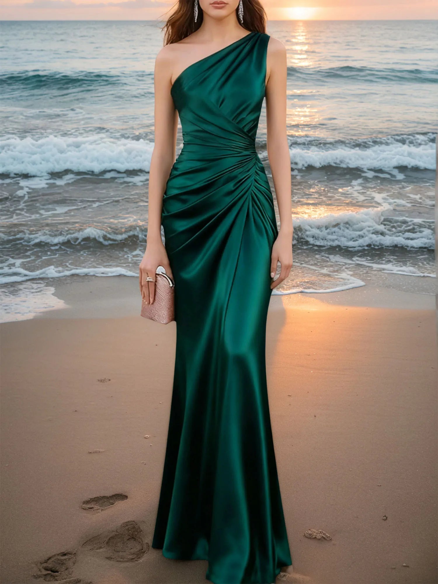 Emerald Green Formal Dress Mermaid One Shoulder Satin Maxi Dress