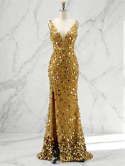 Meerjungfrauen-Abendkleid mit V-Ausschnitt, rückenfrei, lang, eng, mit Pailletten und Schlitz