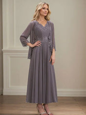 A-line V-Neck Ankle-Length Chiffon Mother of the Bride Dress With Sequins Appliques Lace Beading