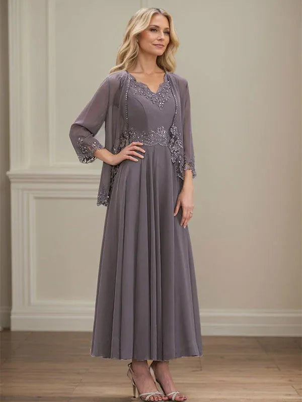 Robe de mère de la mariée trapèze en mousseline de soie, col en V, longueur cheville, avec appliques à paillettes et perles en dentelle 
