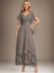 A-line V-Neck Ankle-Length Lace Chiffon Mother of the Bride Dress With Cascading Ruffles