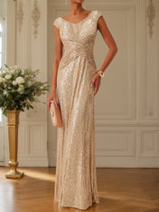 Golden Champagne Sequin Sleeveless Long A-line Gown Dress