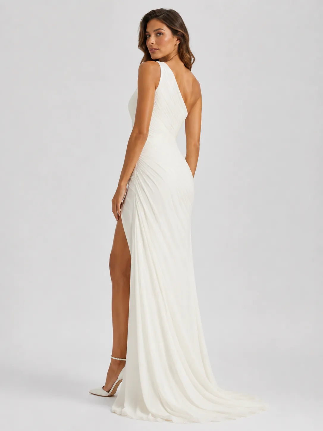Elegant One-Shoulder Ruched Chiffon Sheath Wedding Dress with High Slit and Sweep Train
