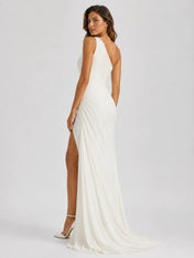 Elegant One-Shoulder Ruched Chiffon Sheath Wedding Dress with High Slit and Sweep Train
