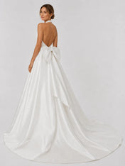 Elegant Halter Deep V-Neck Satin Ball Gown Wedding Dress with Oversized Back Bow and Cathedral Train