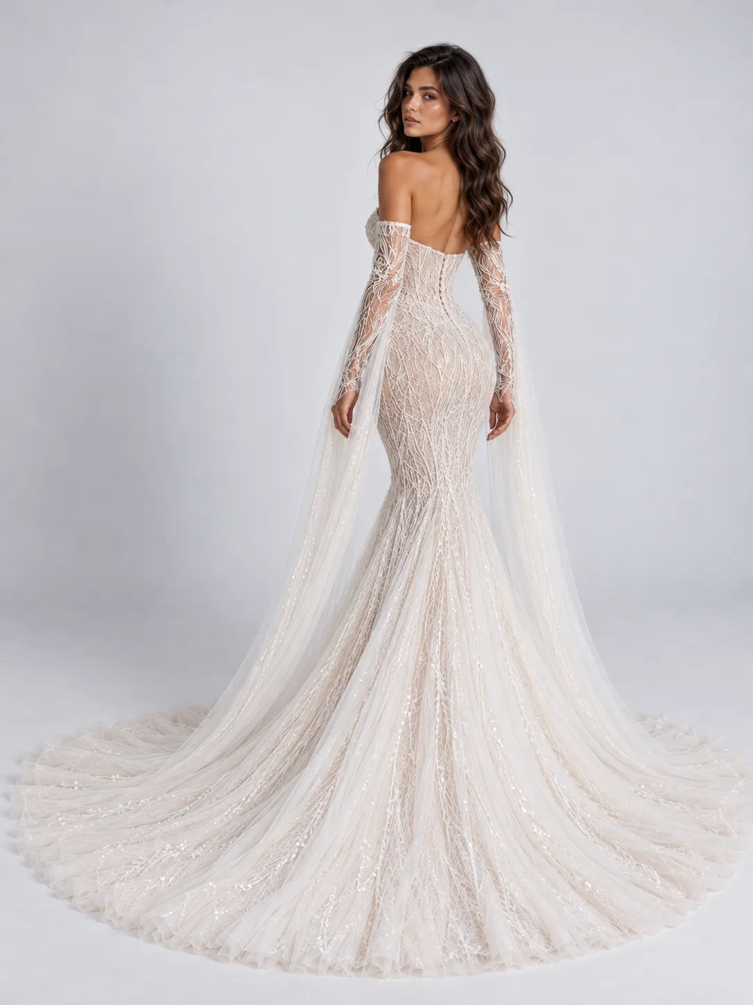 Off-the-Shoulder Illusion Branch-Embroidered Mermaid Wedding Dress with Dramatic Draped Sleeves