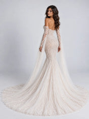 Off-the-Shoulder Illusion Branch-Embroidered Mermaid Wedding Dress with Dramatic Draped Sleeves