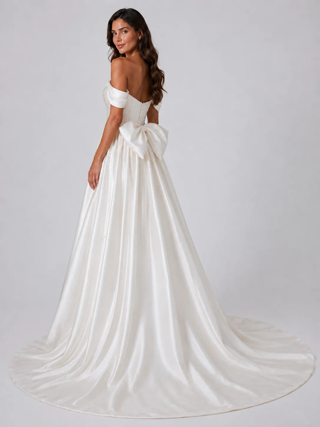 Elegant Off-Shoulder Satin Wedding Dress with Ruched Sweetheart Bodice, Overskirt, Beading and Chapel Train